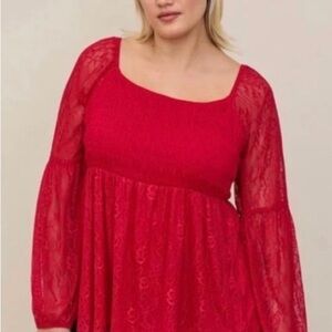 TORRID 3 RED LACE OVERLAY CREW NECK  SMOCKED CHEST BABYDOLL PEPLUM BLOUSE